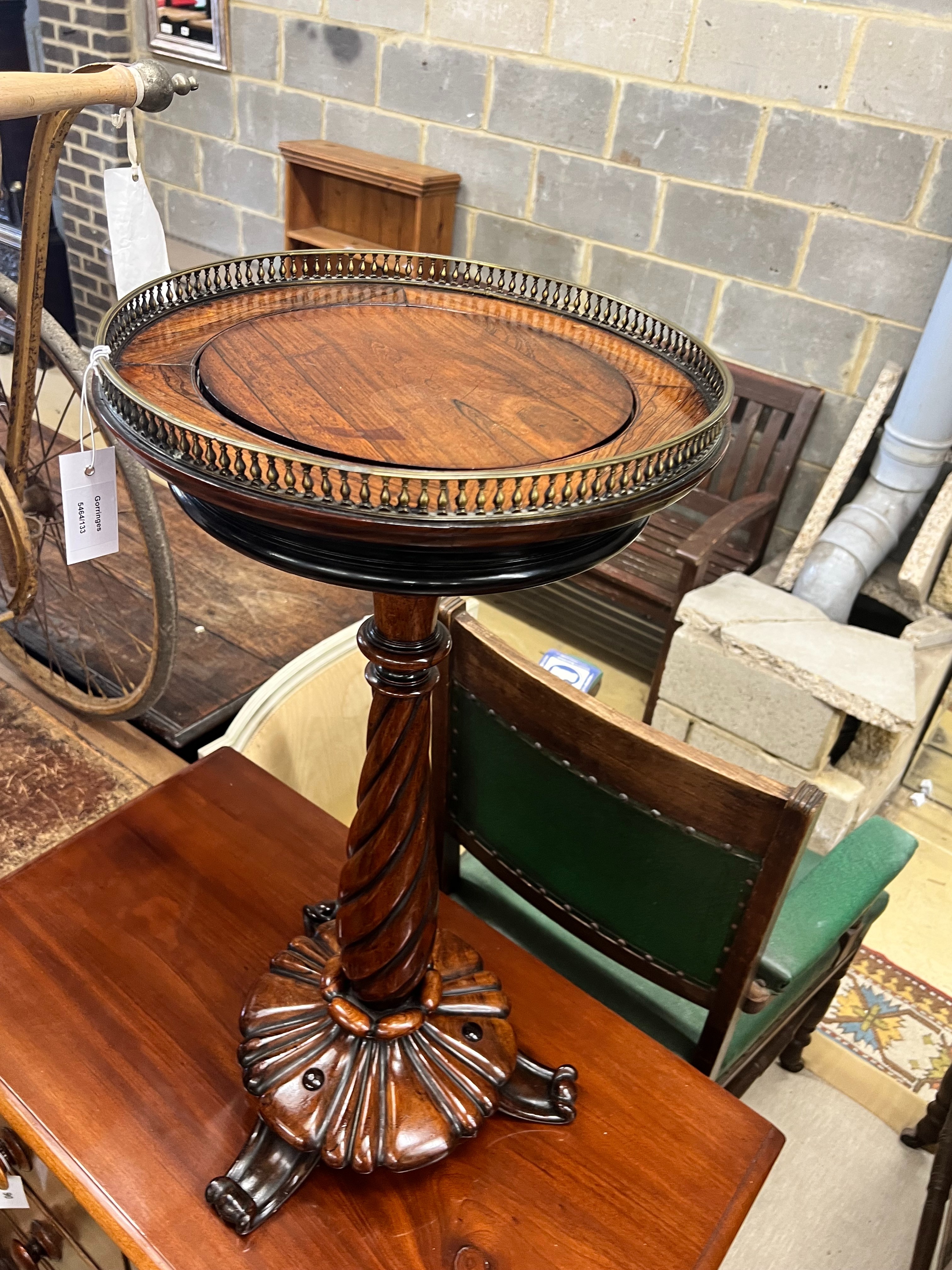 A William IV circular galleried rosewood jardiniere table, diameter 39cm height 79cm